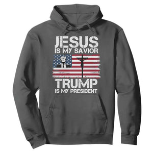 Christian Trump 2024 Hoodie Jesus Is My Savior Trump Is My President Christ Cross American Flag TS02 Dark Heather Print Your Wear