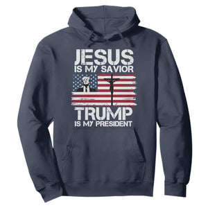 Christian Trump 2024 Hoodie Jesus Is My Savior Trump Is My President Christ Cross American Flag TS02 Navy Print Your Wear