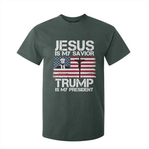 Christian Trump 2024 T Shirt For Kid Jesus Is My Savior Trump Is My President Christ Cross American Flag TS02 Dark Forest Green Print Your Wear