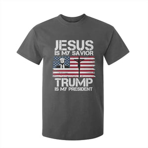 Christian Trump 2024 T Shirt For Kid Jesus Is My Savior Trump Is My President Christ Cross American Flag TS02 Dark Heather Print Your Wear