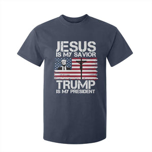 Christian Trump 2024 T Shirt For Kid Jesus Is My Savior Trump Is My President Christ Cross American Flag TS02 Navy Print Your Wear