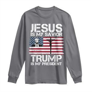 Christian Trump 2024 Long Sleeve Shirt Jesus Is My Savior Trump Is My President Christ Cross American Flag TS02 Charcoal Print Your Wear