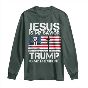 Christian Trump 2024 Long Sleeve Shirt Jesus Is My Savior Trump Is My President Christ Cross American Flag TS02 Dark Forest Green Print Your Wear