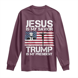 Christian Trump 2024 Long Sleeve Shirt Jesus Is My Savior Trump Is My President Christ Cross American Flag TS02 Maroon Print Your Wear