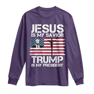 Christian Trump 2024 Long Sleeve Shirt Jesus Is My Savior Trump Is My President Christ Cross American Flag TS02 Purple Print Your Wear