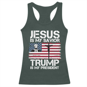 Christian Trump 2024 Racerback Tank Top Jesus Is My Savior Trump Is My President Christ Cross American Flag TS02 Dark Forest Green Print Your Wear