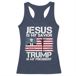 Christian Trump 2024 Racerback Tank Top Jesus Is My Savior Trump Is My President Christ Cross American Flag TS02 Navy Print Your Wear