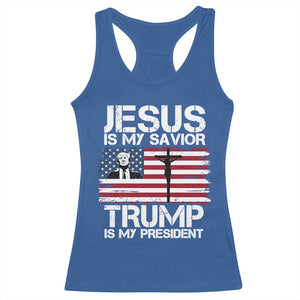 Christian Trump 2024 Racerback Tank Top Jesus Is My Savior Trump Is My President Christ Cross American Flag TS02 Royal Blue Print Your Wear