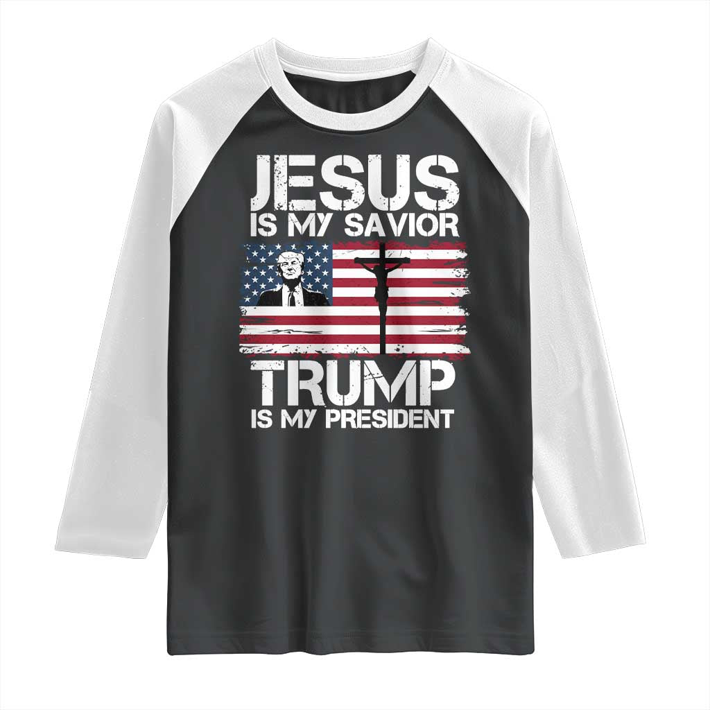 Christian Trump 2024 Raglan Shirt Jesus Is My Savior Trump Is My President Christ Cross American Flag TS02 Black White Print Your Wear