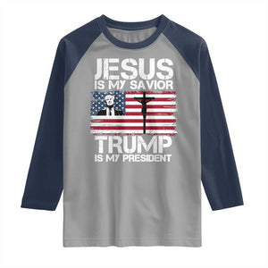 Christian Trump 2024 Raglan Shirt Jesus Is My Savior Trump Is My President Christ Cross American Flag TS02 Sport Gray Navy Print Your Wear