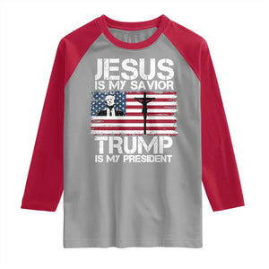 Christian Trump 2024 Raglan Shirt Jesus Is My Savior Trump Is My President Christ Cross American Flag TS02 Sport Gray Red Print Your Wear