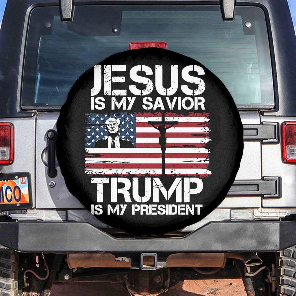 Christian Trump 2024 Spare Tire Cover Jesus Is My Savior Trump Is My President Christ Cross American Flag TS02 No hole Black Print Your Wear