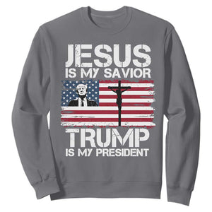 Christian Trump 2024 Sweatshirt Jesus Is My Savior Trump Is My President Christ Cross American Flag TS02 Charcoal Print Your Wear