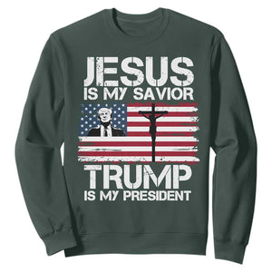 Christian Trump 2024 Sweatshirt Jesus Is My Savior Trump Is My President Christ Cross American Flag TS02 Dark Forest Green Print Your Wear