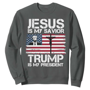 Christian Trump 2024 Sweatshirt Jesus Is My Savior Trump Is My President Christ Cross American Flag TS02 Dark Heather Print Your Wear