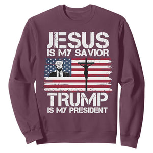 Christian Trump 2024 Sweatshirt Jesus Is My Savior Trump Is My President Christ Cross American Flag TS02 Maroon Print Your Wear