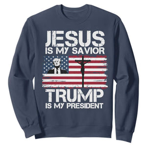 Christian Trump 2024 Sweatshirt Jesus Is My Savior Trump Is My President Christ Cross American Flag TS02 Navy Print Your Wear