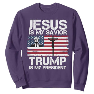 Christian Trump 2024 Sweatshirt Jesus Is My Savior Trump Is My President Christ Cross American Flag TS02 Purple Print Your Wear