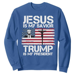 Christian Trump 2024 Sweatshirt Jesus Is My Savior Trump Is My President Christ Cross American Flag TS02 Royal Blue Print Your Wear