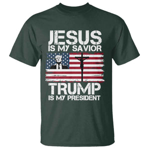 Christian Trump 2024 T Shirt Jesus Is My Savior Trump Is My President Christ Cross American Flag TS02 Dark Forest Green Print Your Wear