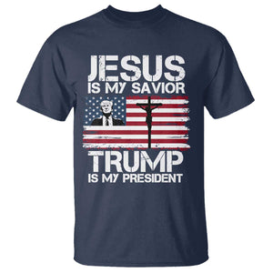 Christian Trump 2024 T Shirt Jesus Is My Savior Trump Is My President Christ Cross American Flag TS02 Navy Print Your Wear