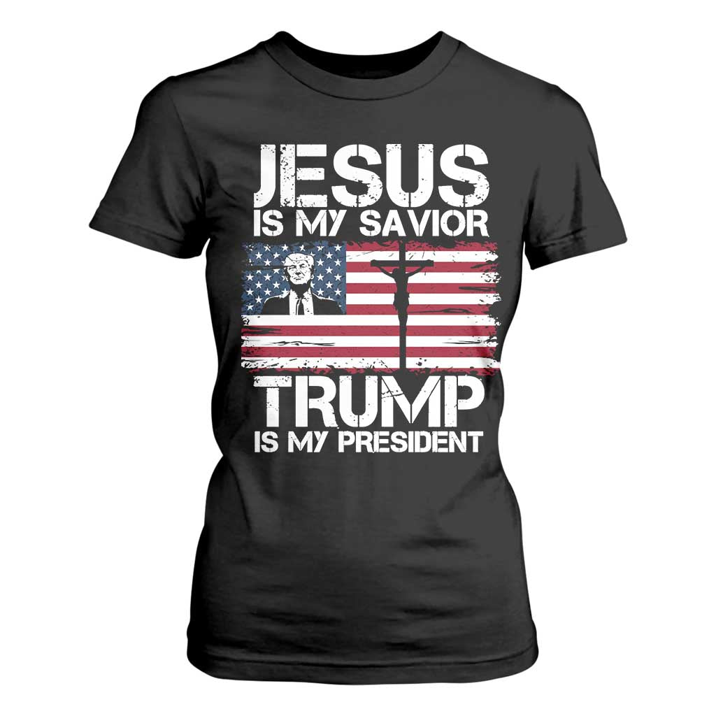 Christian Trump 2024 T Shirt For Women Jesus Is My Savior Trump Is My President Christ Cross American Flag TS02 Black Print Your Wear