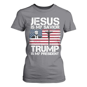 Christian Trump 2024 T Shirt For Women Jesus Is My Savior Trump Is My President Christ Cross American Flag TS02 Charcoal Print Your Wear