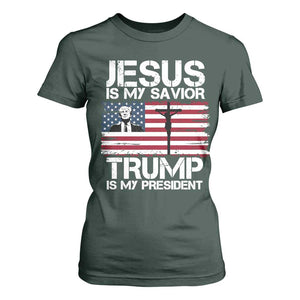 Christian Trump 2024 T Shirt For Women Jesus Is My Savior Trump Is My President Christ Cross American Flag TS02 Dark Forest Green Print Your Wear