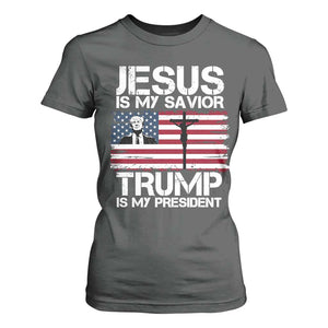 Christian Trump 2024 T Shirt For Women Jesus Is My Savior Trump Is My President Christ Cross American Flag TS02 Dark Heather Print Your Wear