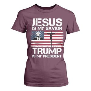 Christian Trump 2024 T Shirt For Women Jesus Is My Savior Trump Is My President Christ Cross American Flag TS02 Maroon Print Your Wear