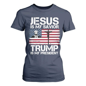 Christian Trump 2024 T Shirt For Women Jesus Is My Savior Trump Is My President Christ Cross American Flag TS02 Navy Print Your Wear