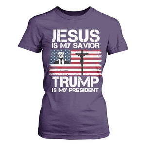 Christian Trump 2024 T Shirt For Women Jesus Is My Savior Trump Is My President Christ Cross American Flag TS02 Purple Print Your Wear