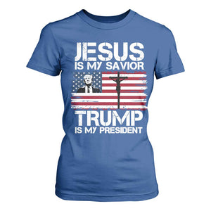 Christian Trump 2024 T Shirt For Women Jesus Is My Savior Trump Is My President Christ Cross American Flag TS02 Royal Blue Print Your Wear