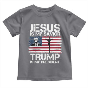 Christian Trump 2024 Toddler T Shirt Jesus Is My Savior Trump Is My President Christ Cross American Flag TS02 Charcoal Print Your Wear