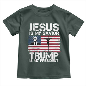 Christian Trump 2024 Toddler T Shirt Jesus Is My Savior Trump Is My President Christ Cross American Flag TS02 Dark Forest Green Print Your Wear