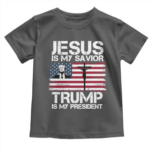 Christian Trump 2024 Toddler T Shirt Jesus Is My Savior Trump Is My President Christ Cross American Flag TS02 Dark Heather Print Your Wear