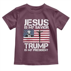 Christian Trump 2024 Toddler T Shirt Jesus Is My Savior Trump Is My President Christ Cross American Flag TS02 Maroon Print Your Wear