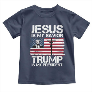 Christian Trump 2024 Toddler T Shirt Jesus Is My Savior Trump Is My President Christ Cross American Flag TS02 Navy Print Your Wear