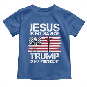 Christian Trump 2024 Toddler T Shirt Jesus Is My Savior Trump Is My President Christ Cross American Flag TS02 Royal Blue Print Your Wear