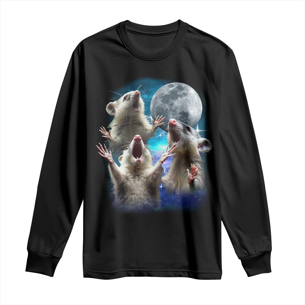 Funny Opossum Meme Long Sleeve Shirt Three Possum Screaming Under The Moon Weird Cursed Meme TS02 Black Print Your Wear