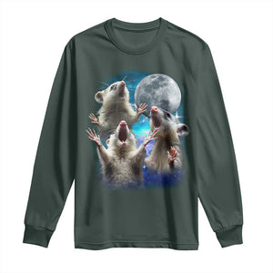 Funny Opossum Meme Long Sleeve Shirt Three Possum Screaming Under The Moon Weird Cursed Meme TS02 Dark Forest Green Print Your Wear