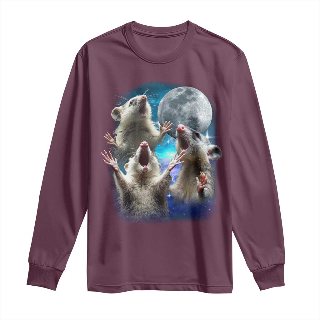 Funny Opossum Meme Long Sleeve Shirt Three Possum Screaming Under The Moon Weird Cursed Meme TS02 Maroon Print Your Wear