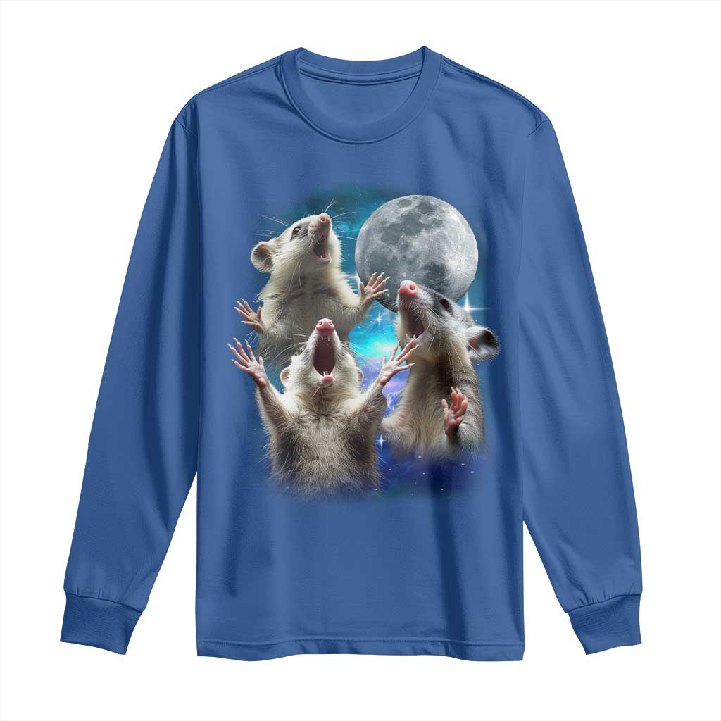 Funny Opossum Meme Long Sleeve Shirt Three Possum Screaming Under The Moon Weird Cursed Meme TS02 Royal Blue Print Your Wear