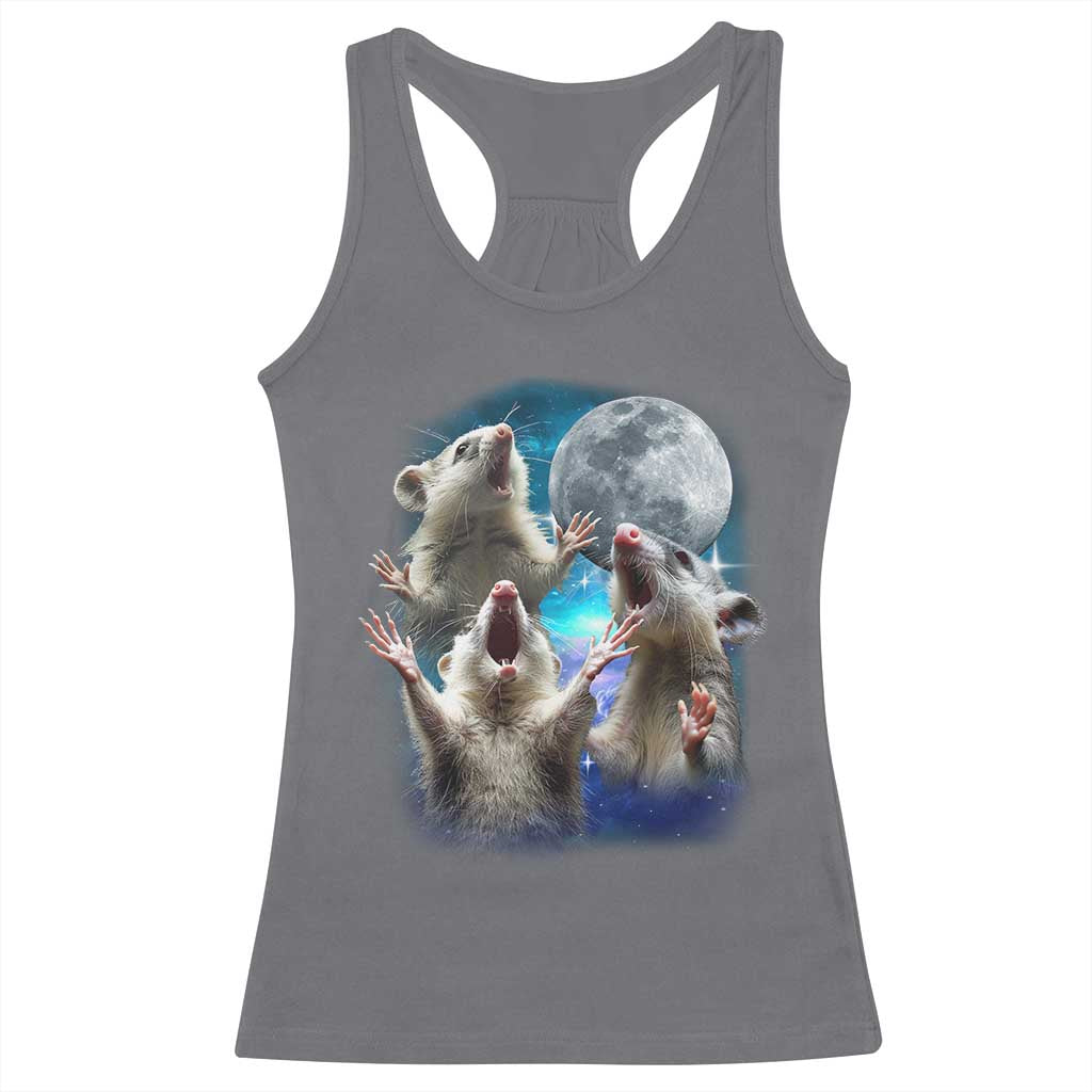 Funny Opossum Meme Racerback Tank Top Three Possum Screaming Under The Moon Weird Cursed Meme TS02 Charcoal Print Your Wear