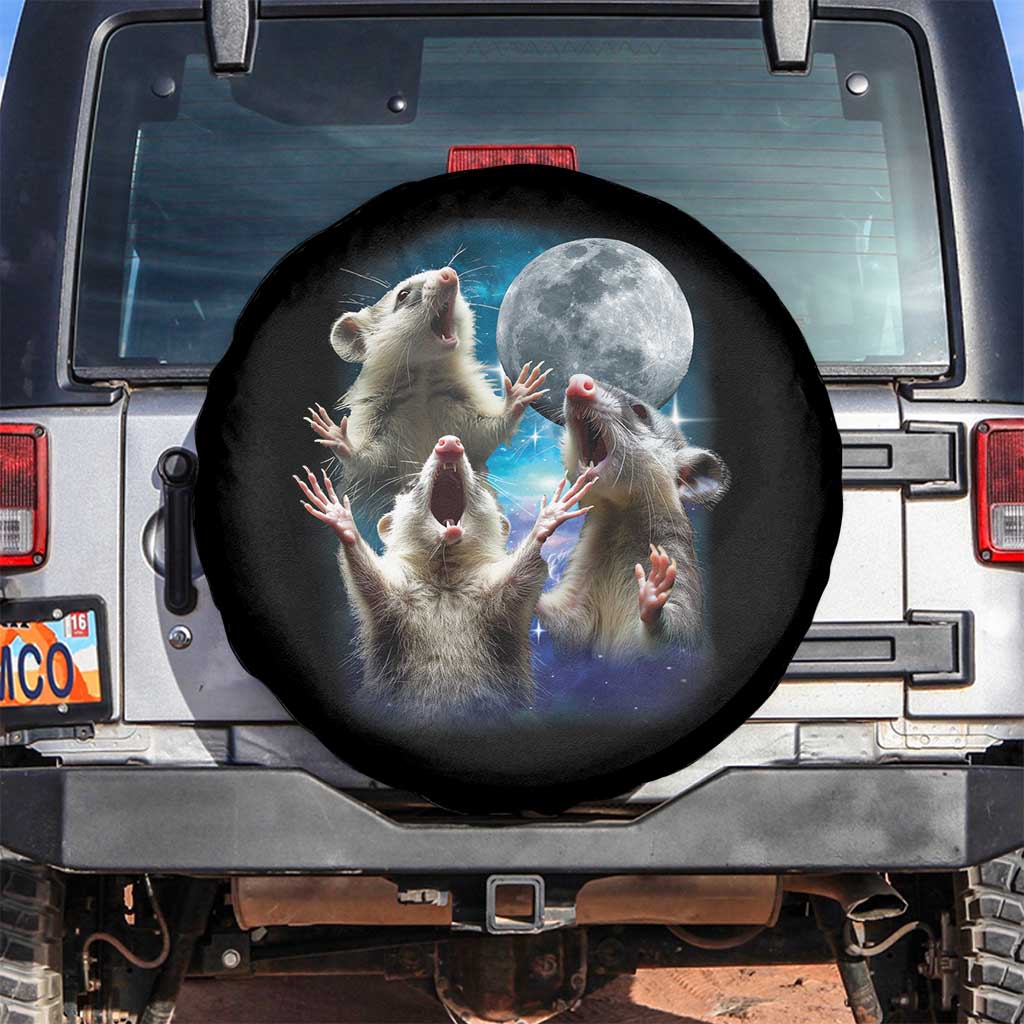 Funny Opossum Meme Spare Tire Cover Three Possum Screaming Under The Moon Weird Cursed Meme TS02 No hole Black Print Your Wear