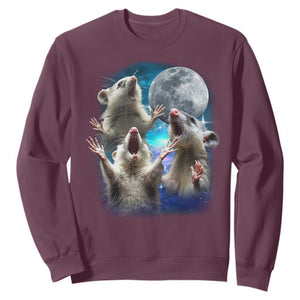 Funny Opossum Meme Sweatshirt Three Possum Screaming Under The Moon Weird Cursed Meme TS02 Maroon Print Your Wear