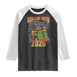 Dumpster Fire Raccoon Meme for Surviving 2025 Raglan Shirt Rollin Into 2026 Trash Panda Energy TS02 Black White Print Your Wear