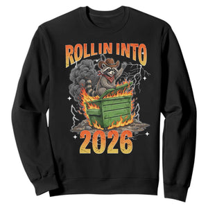 Dumpster Fire Raccoon Meme for Surviving 2025 Sweatshirt Rollin Into 2026 Trash Panda Energy TS02 Black Print Your Wear