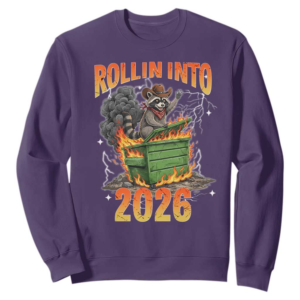 Dumpster Fire Raccoon Meme for Surviving 2025 Sweatshirt Rollin Into 2026 Trash Panda Energy TS02 Purple Print Your Wear