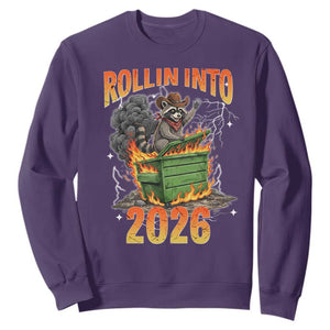 Dumpster Fire Raccoon Meme for Surviving 2025 Sweatshirt Rollin Into 2026 Trash Panda Energy TS02 Purple Print Your Wear